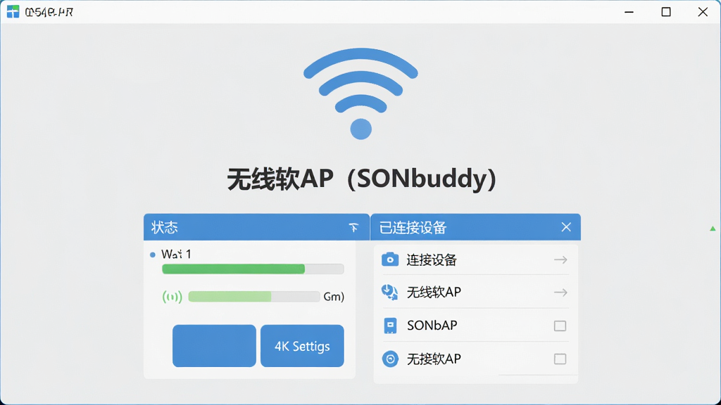 主体:无线软AP(SONbuddy)软件主界面,展示简洁的功能布局和虚拟Wi-Fi信号图标。布局:界面居中显示软件名称“无线软AP(SONbuddy)”,下方是状态面板和设置按钮,整体排版清晰。风格:扁平化现代UI设计风格,蓝色系主题,背景浅灰色。细节:界面带有信号强度指示条和已连接设备列表,画质:4K高清,干净无多余元素。
