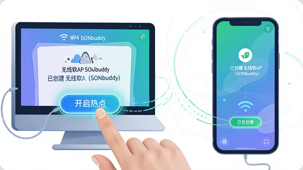 主体:手指点击“开启热点”按钮的特写,屏幕显示无线软AP(SONbuddy)创建成功界面。布局:左侧是电脑示意图,右侧是手机连接成功的动画。风格:科技感插画风,色彩明亮。细节:按钮带有发光效果,并显示“已创建 无线软AP(SONbuddy)”字样,画质:清晰干净,无多余元素。