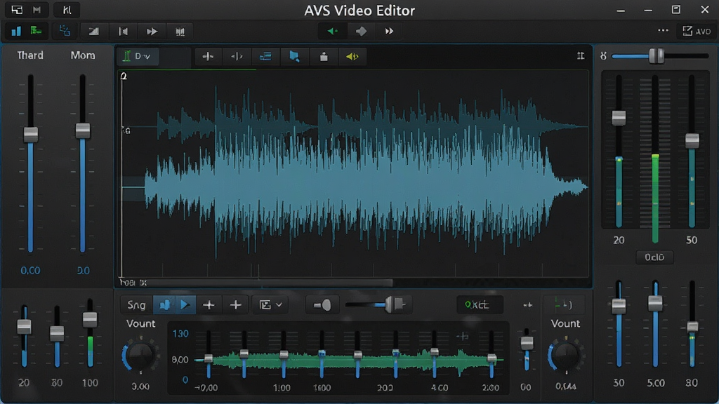 展示AVS Video Editor音频编辑界面的图片,画面中央显示音频波形图,周围环绕音量滑块、均衡器调节面板等工具,风格简洁,配色专业,细节丰富,画质干净,无多余元素