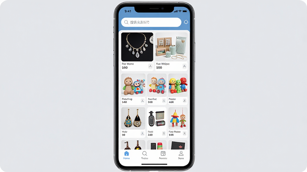 手机展示义乌商品货源采购App界面,主视觉为商品瀑布流,包含饰品、日用百货、玩具等小商品缩略图,顶部搜索栏醒目,底部导航栏清晰,背景为柔和的浅灰色,整体风格简洁明亮,现代感强,画质高清,干净无多余元素