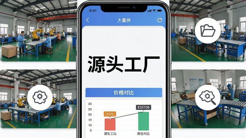 展示义乌商品货源采购App的工厂直供页面,图片中央显示“源头工厂”字样,周围环绕各类工厂车间实拍图与质检流程图标,下方有价格对比图表,整体风格写实专业,布局清晰,画质干净,无多余元素