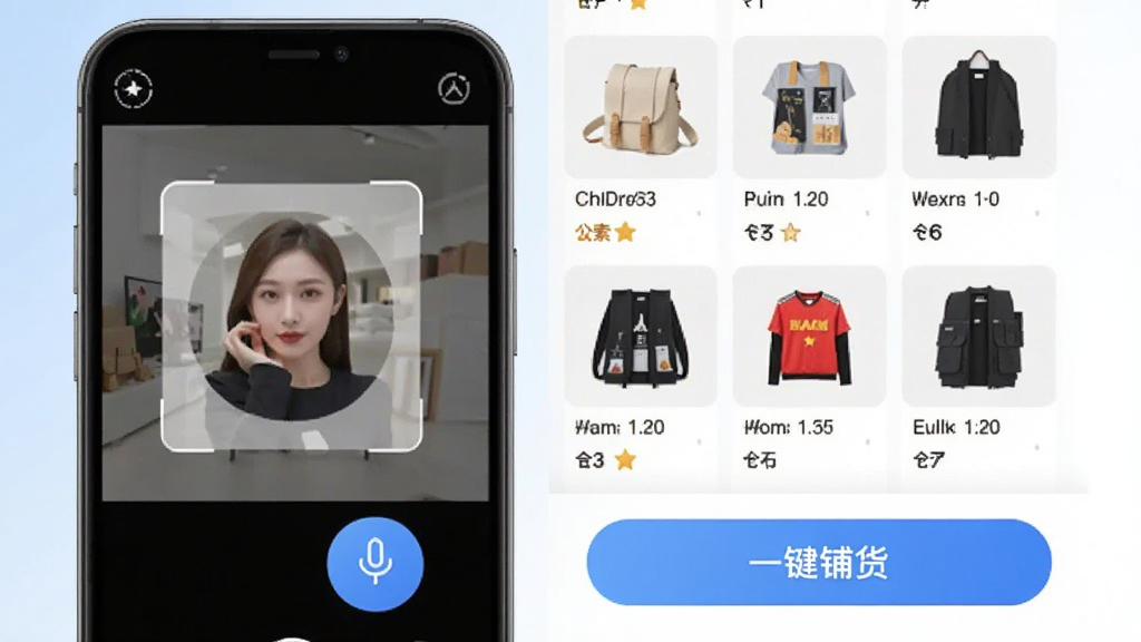 展示义乌商品货源采购App的智能搜款功能,手机屏幕上有拍照框和语音输入按钮,旁边展示搜索到的商品列表缩略图,界面带有“一键铺货”操作按钮,整体风格现代简洁,色彩明快,画质干净