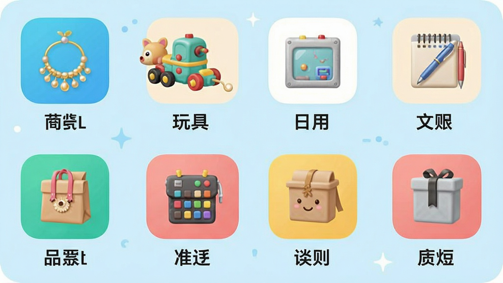 展示义乌商品货源采购App的商品分类页面,采用宫格布局,图标分别代表饰品、玩具、日用、文具等,每个图标下方有中文名称,背景为淡蓝色,整体风格清新活泼,排版整齐,画质清晰,无多余元素