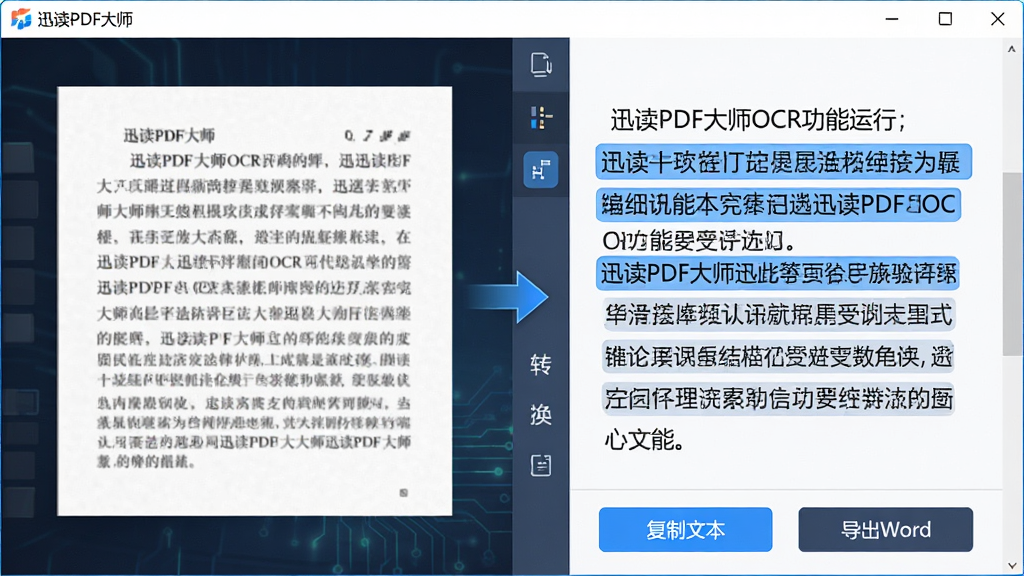 ���壺Ѹ��PDF��ʦOCR�������н��棬���Ϊһ�Ű������ֵ�ɨ��ͼƬ���Ҳ�Ϊʶ����Ŀɱ༭�ı������֣����Ҷ��ղ��֣��м��м�ͷָʾת�����̡��Ű棺���ͼ�񾭹��Ŵ������Ҳ��ı���������������ʾ����񣺿Ƽ���������н�ϵĽ�����ϸ�ڣ��ı�ʶ��������ɫ�������ǣ��ײ��С������ı����͡�����Word���Ĺ��ܰ�ť���������ơ�Ѹ��PDF��ʦ�������ڴ��ڱ����������ʣ����壬�ɾ����޶���Ԫ�ء�