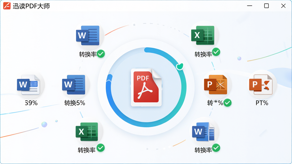 ���壺Ѹ��PDF��ʦ��ʽת�����ܽ��棬��ʾһ��PDF�ļ����ڱ�ת��ΪWord��Excel��PPT�ȶ��ָ�ʽ��ͼ�ꡣ���֣�����Ϊת�����Ȼ���ͼ�꣬��Χ�����Ÿ���Ŀ���ʽ��ͼ�ꡣ�Ű棺������ˣ�Ŀ���ʽͼ���������롣��񣺱�ƽ�������ж��е���ơ�ϸ�ڣ�ÿ����ʽͼ���·���ת���ʰٷֱȣ������ת�����ļ�������ɫ�Թ����������ơ�Ѹ��PDF��ʦ���ڽ������Ͻ�չʾ�����ʣ������������ɾ����޶���Ԫ�ء�
