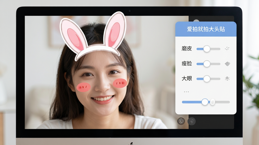 主体:电脑屏幕前一位女生正在使用“爱拍就拍大头贴”拍照,画面中她的脸上叠加了兔子耳朵和腮红贴纸。布局:人物位于画面中央偏左,右侧显示参数调节滑杆。排版:功能面板悬浮在预览画面右侧,包括“磨皮”“瘦脸”“大眼”等选项。风格:清新自然,光线柔和。细节:女生笑容自然,皮肤细腻,贴纸贴合准确,界面清晰标注“爱拍就拍大头贴”。画质:高清,干净,无多余元素。