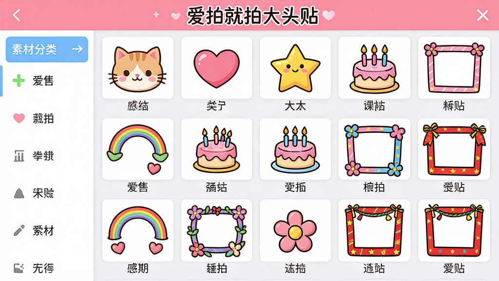 主体:“爱拍就拍大头贴”软件中的素材选择界面,展示多款卡通贴纸和相框。布局:屏幕左侧为素材分类列表,右侧为贴纸缩略图网格。排版:素材以网格状整齐排列,每个缩略图下方有名称标签。风格:可爱卡通风格,色彩鲜艳。细节:贴纸包括小猫、爱心、星星、生日蛋糕等图案,相框有彩虹、花朵、节日元素,界面顶部有“爱拍就拍大头贴”字样。画质:高清,干净,无多余元素。