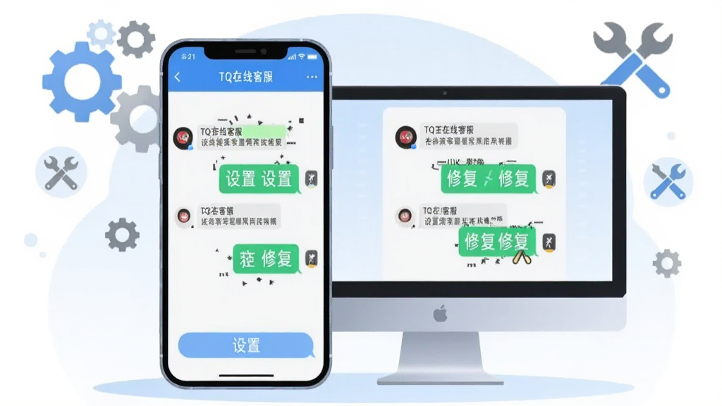 一幅插画,主体为智能手机和电脑并排摆放,屏幕上显示TQ在线客服的聊天界面,背景有齿轮和工具图标,布局对称,排版清晰,风格科技感,细节有“设置”和“修复”字样,画质干净,无多余元素