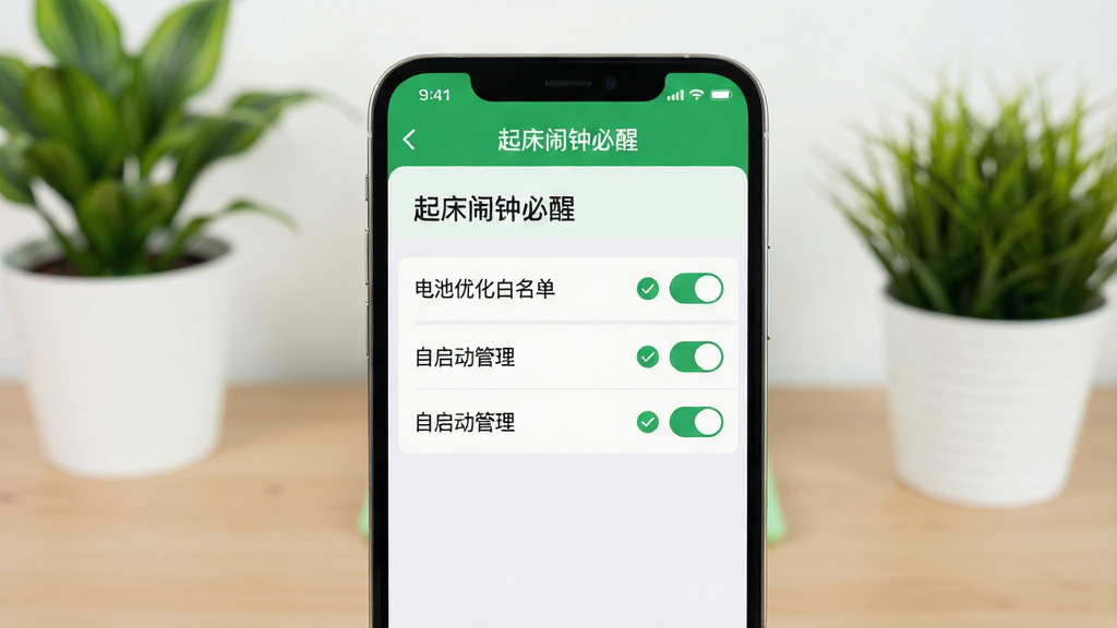 主体:智能手机屏幕显示“起床闹钟必醒”的设置界面,界面上有“电池优化白名单”、“自启动管理”等选项,并打上绿色勾选标记。布局:手机位于画面中央,背景为简洁的桌面,有绿色植物点缀。排版:设置项以列表形式展示,每项右侧有开关或勾选状态。风格:扁平化风格,绿色和白色为主色调,清新自然。细节:手机屏幕上方有“起床闹钟必醒”字样,画面干净无多余元素。画质:高清,色彩清晰,整体干净明亮。