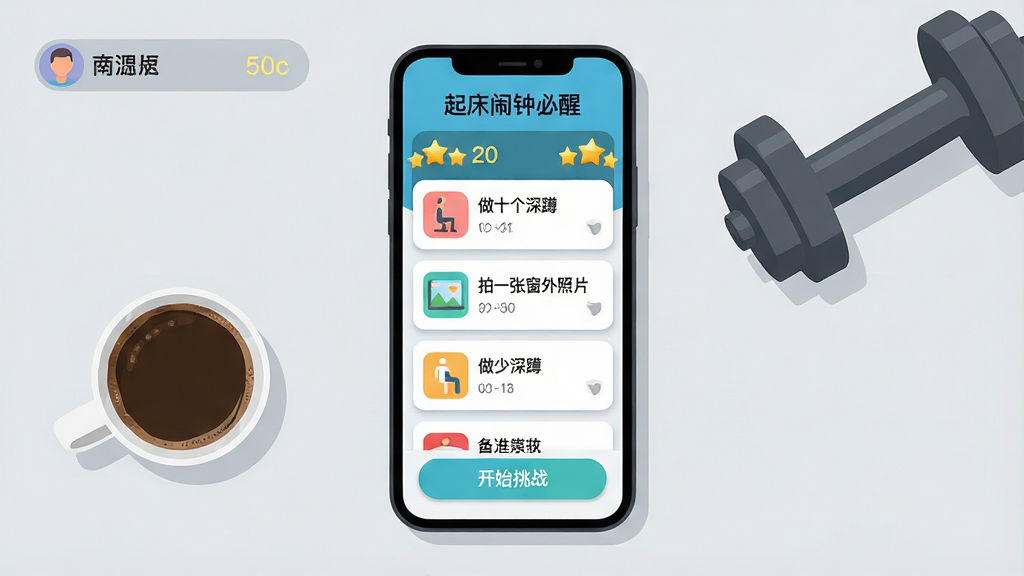 主体:手机屏幕展示“起床闹钟必醒”的任务挑战界面,界面上有“做十个深蹲”、“拍一张窗外照片”等任务卡片,左上角显示用户名和积分。布局:手机竖屏位于画面中央,背景为简约的浅灰色桌面,旁边放有一杯咖啡和哑铃。排版:任务卡片以列表形式排列,每个卡片有图标和文字说明,底部有“开始挑战”按钮。风格:扁平化设计风格,色彩明快,UI元素圆润。细节:任务卡片带有轻微阴影,积分区域有金色星星装饰,画面干净无多余元素。画质:高清矢量风格,细节精致,整体干净清爽。