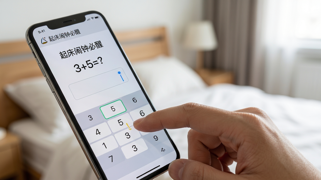 主体:一只手拿着智能手机,屏幕显示“起床闹钟必醒”的数学题关闭界面,界面上有“3+5=?”的题目和数字键盘。布局:手部特写位于画面右侧,手机屏幕向左倾斜,背景为模糊的卧室环境。排版:手机界面清晰显示数学题和输入框,左上角有“起床闹钟必醒”小字标识。风格:写实摄影风格,自然光线,浅景深效果。细节:手指正准备点击数字,屏幕上有模拟的输入光标,画面干净无多余元素。画质:高清,细节清晰,整体干净明亮。