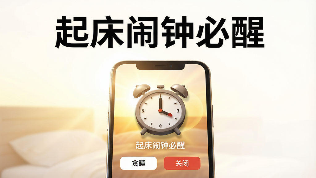 主体:一部智能手机屏幕显示“起床闹钟必醒”应用界面,界面中央有一个巨大的闹钟图标,指针指向7点整,背景为明亮的晨光。布局:手机位于画面中央偏下,上方留白,突出应用名称“起床闹钟必醒”字样。排版:应用界面简洁,功能按钮清晰,下方有“贪睡”、“关闭”两个按钮。风格:写实风格,色彩明亮温暖,光线柔和。细节:手机屏幕边缘有微微反光,闹钟图标带有立体阴影,画面干净无多余元素。画质:高清渲染,细节丰富,整体干净整洁。