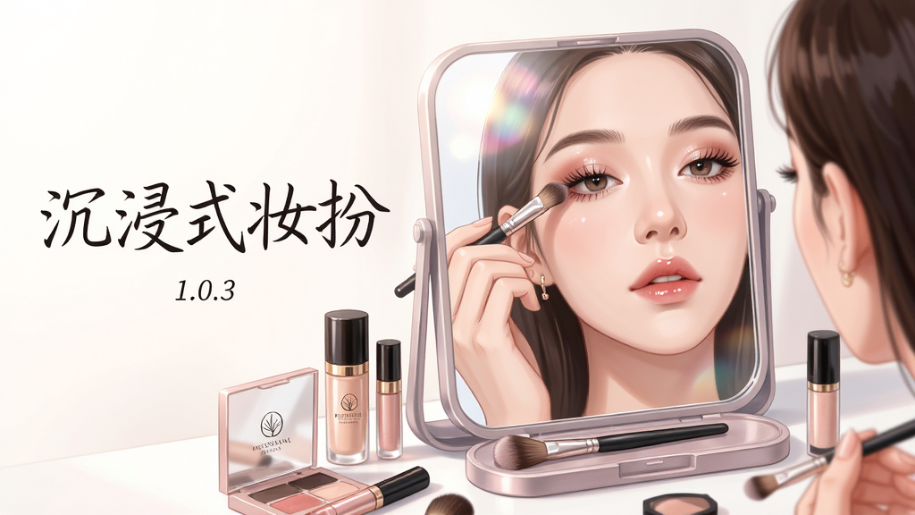 主体:一位年轻女性手持化妆刷,面前摆放着打开的化妆镜和各类彩妆产品,镜中映出她精致的半张脸,正在认真描绘眼影。布局:人物居于画面中央偏左,化妆镜与产品围绕四周,形成稳定的三角构图。排版:画面左侧留白处用优雅手写体书写“沉浸式妆扮”五个大字,下方小字“1.0.3”。风格:清新唯美的商业插画风格,色彩柔和明亮,光影过渡自然。细节:化妆品包装上印有精致logo,镜面反射出柔和光晕,人物睫毛根根分明,唇色水润有光泽。画质:8k超清,干净,无多余元素。