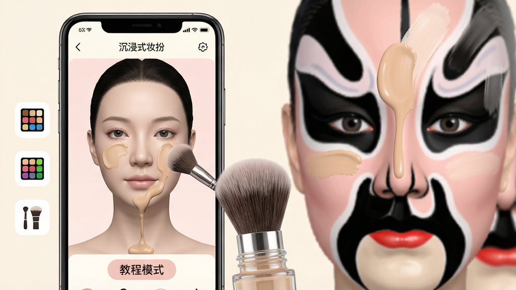 主体:一部智能手机竖屏显示“沉浸式妆扮”的化妆界面,屏幕上虚拟脸部模型正被上粉底,旁边有调色盘与刷具图标。布局:手机占据画面左侧,右侧为放大的脸谱细节图,展示粉底涂抹效果。排版:画面底部有“教程模式”提示条,顶部有电量与时间状态栏。风格:现代简洁的UI设计,色彩以米白与浅粉为主。细节:粉底液瓶身半透明,可见液体流动,化妆刷毛柔软逼真。画质:超清,干净,无多余元素。
