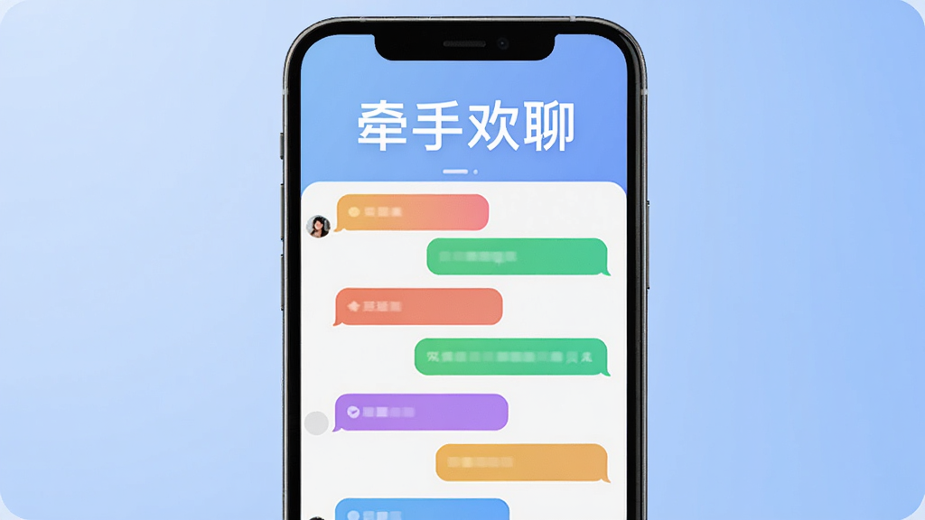 图片中央展示一部智能手机,屏幕上是牵手欢聊的聊天界面,界面顶部显示“牵手欢聊”四个大字,下方有多个彩色气泡对话窗口,背景为柔和的渐变蓝色,整体风格现代简约,干净明亮,画质高清,无多余元素。