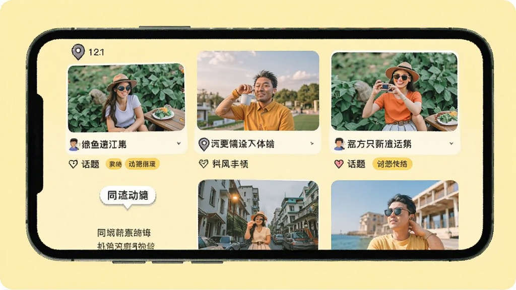 手机屏幕展示同城动态信息流,包含多张图片和文字描述,有定位标签和话题标签,背景为浅黄色,扁平化设计,生活感强,色彩明快,细节丰富,画质干净。
