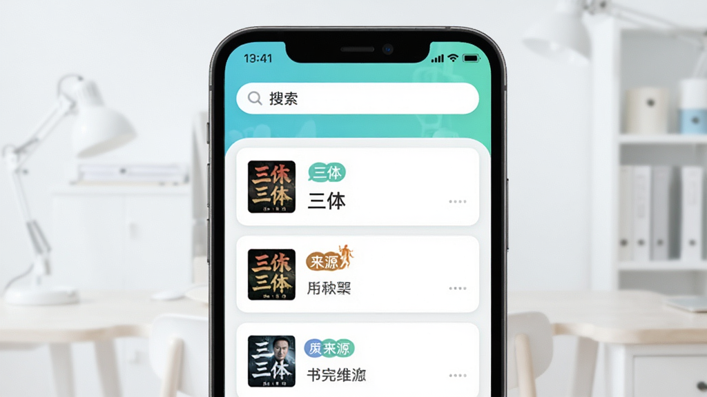 书尖书源聚合功能示意图,手机界面展示搜索“三体”后聚合多个来源的结果列表,每个条目带有来源标签,背景简洁明亮,界面采用卡片式布局,色彩清新,画质细腻,干净无多余元素
