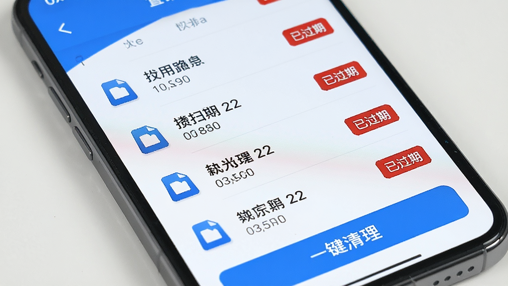 手机屏幕显示扫描进度列表,每行包含文件图标、名称、大小及“已过期”红色标签,底部有“一键清理”按钮,界面风格清爽,蓝白配色,画质细腻,无多余元素。