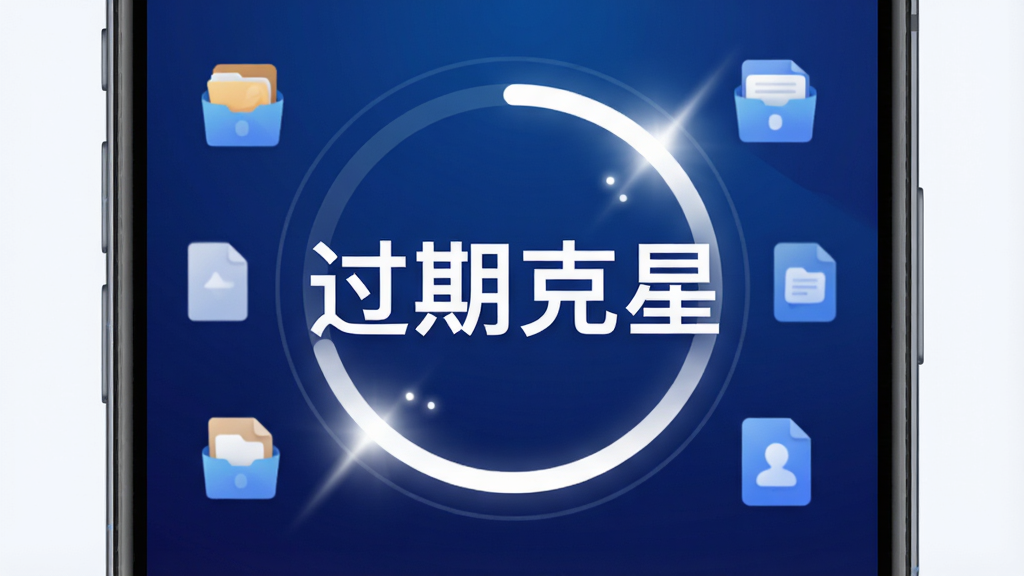 现代科技感手机应用界面,中央显示“过期克星”四个大字,周围环绕清理进度环与文件图标,背景为深蓝渐变,辅以白色光效点缀,整体风格简洁明亮,画质干净,无多余元素。
