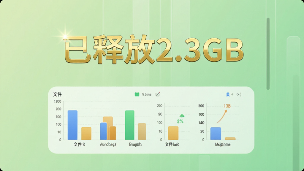 清理完成界面,中央显示“已释放2.3GB”金色大字,下方排列文件类型统计图表,背景为浅绿色渐变,风格简约,画质干净,无多余元素。