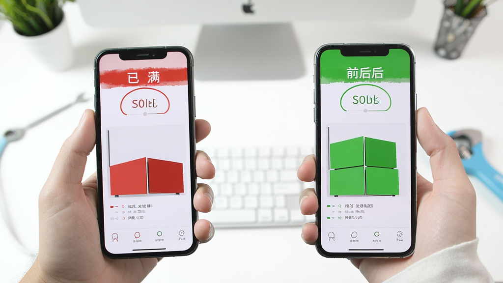 用户手持手机展示清理前后存储空间对比图,左侧为红色已满状态,右侧为绿色充足状态,背景为干净的工作台,风格写实明亮,画质高清,无多余元素。