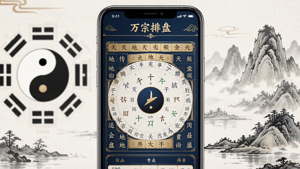 一幅以“万宗排盘”软件界面为核心的高清宣传图,画面主体为手机屏幕展示的八字排盘结果,包含天干地支、五行十神等专业术语,界面采用深蓝色与金色搭配的古典风格,布局规整清晰,背景辅以太极八卦、水墨山水等元素,整体风格沉稳大气,画质细腻,干净无多余杂物,突出专业与信赖感。