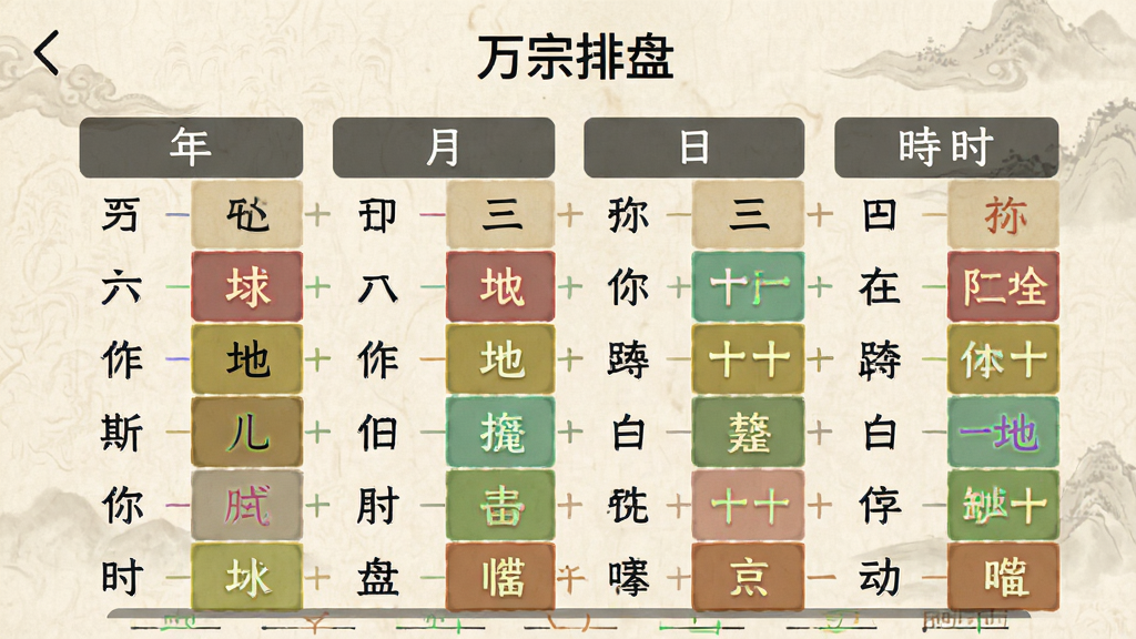 一幅展示“万宗排盘”八字排盘功能的界面截图,画面主体为手机App的排盘结果页面,清晰展示年、月、日、时四柱的天干地支,并用不同颜色区分十神,界面布局规整,信息层次分明,背景为淡雅的米黄色宣纸纹理,整体风格古朴简约,画质干净,无多余元素。