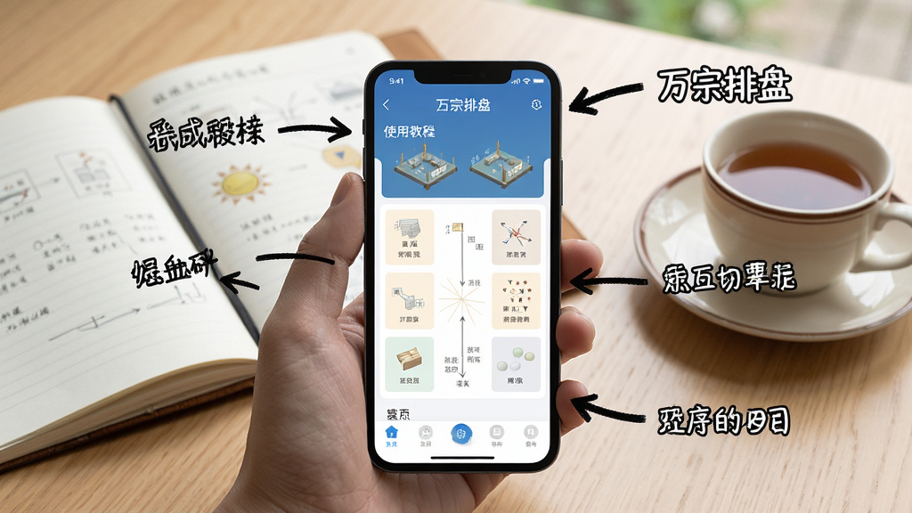 一幅“万宗排盘”使用教程的配图,画面主体为手机屏幕显示应用主界面,旁边有标注箭头和文字说明,背景为简洁的桌面环境,一本打开的笔记本和一杯茶,整体风格写实自然,画质干净,无多余元素。
