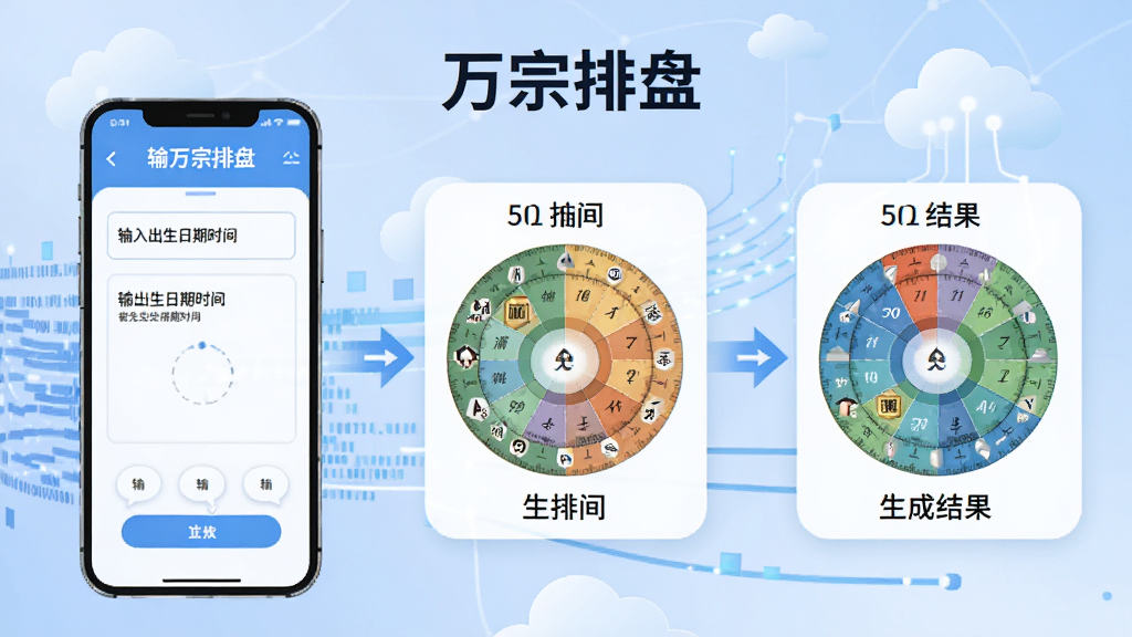 一幅展示“万宗排盘”在线排盘流程的示意图,画面主体为手机操作界面,从输入出生日期时间到生成排盘结果的过程以步骤图形式呈现,背景为网络云朵与数据流线条元素,风格简洁明快,画质干净,无多余元素。