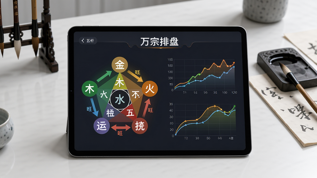 一幅“万宗排盘”软件功能展示图,画面主体为平板电脑屏幕上显示的五行分析图表与运势曲线,图表包含金木水火土五行元素图标,并用箭头和颜色标注旺衰状态,背景为现代简约的书桌场景,配以笔墨纸砚,整体风格专业而不失雅致,画质清晰,干净无多余元素。