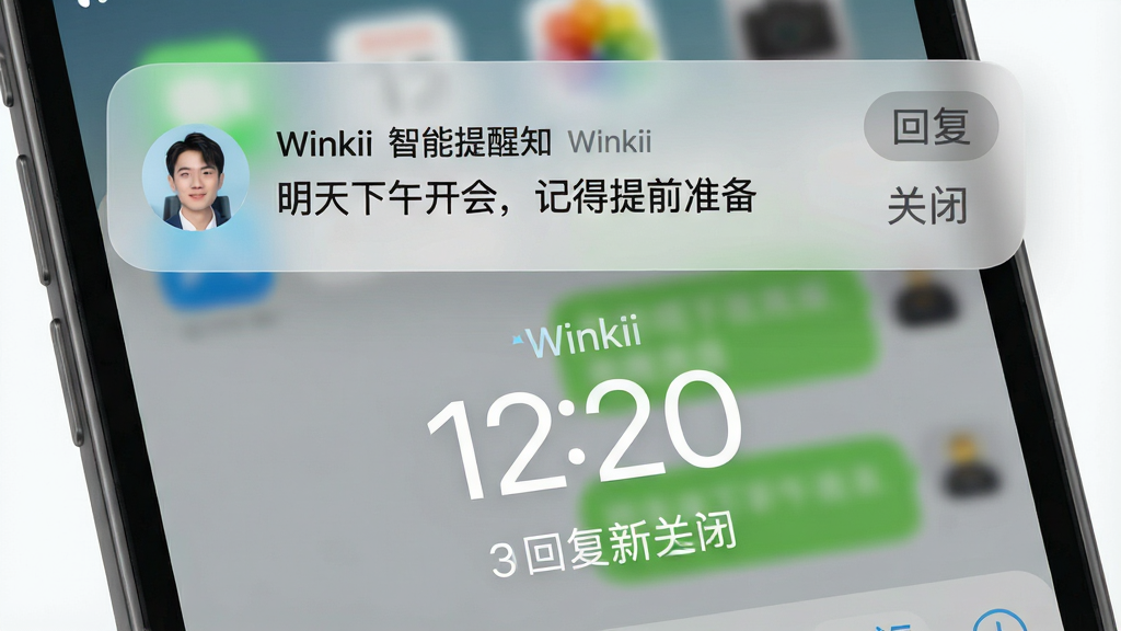 ���壺�ֻ�����������ʾWinkii��������֪ͨ�����������ϵ��ͷ�����ϢժҪ�����֣�֪ͨ��Ƭλ����Ļ�Ϸ����·�ʱ�������ڣ�����Ϊģ����������档�Ű棺֪ͨ��������룬ͷ��Բ�Σ���ťΪ���ظ����͡��رա��������ˬ��ǳɫϵ��ë����Ч�����ִ���ǿ��ϸ�ڣ�֪ͨ������С�Winkii��С�ֱ�ʶ����Ϣ����Ϊ���������翪�ᣬ�ǵ���ǰ׼���������ʣ�ϸ�壬�ɾ����޶���Ԫ�ء�