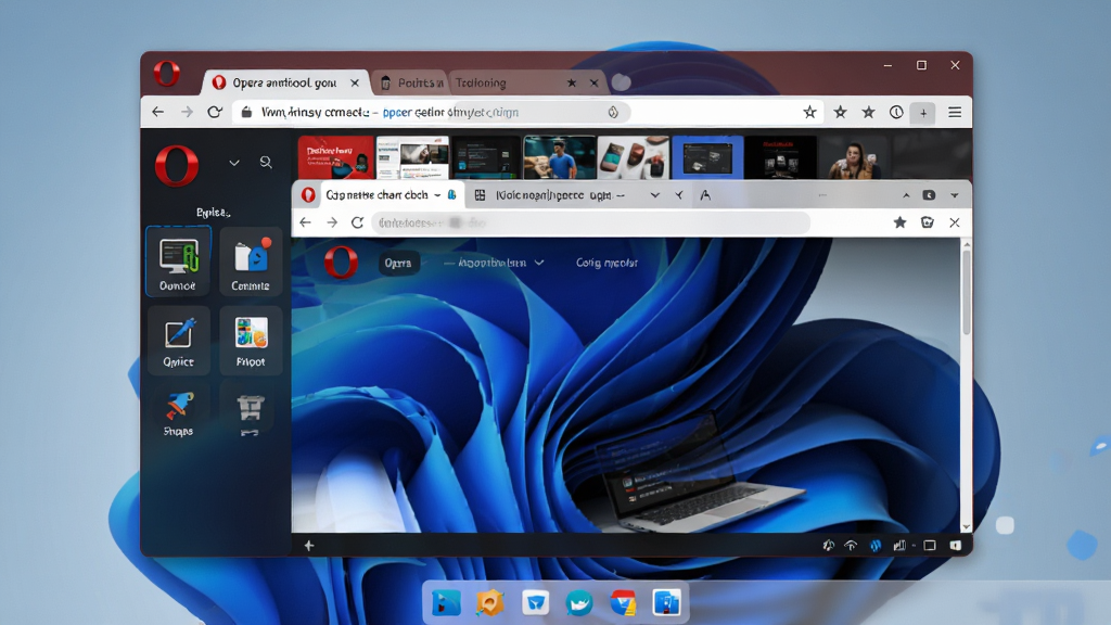 ���壺Opera��������������������ͼ��չʾ��Windows 11�����ϵĴ��ڲ��֣�������ַ������ǩҳ������������ٲ���ҳ�棬��ֽΪ������ɫ���䱳�������֣���������ھ��У�ռ�ݻ�������Լ80%����ǩҳ���ж���򿪵���վ����ͼ���������ʾ���ù���ͼ�ꡣ�Ű棺����չʾOpera��־�Եĺ�ɫO��ͼ�������Ͻǣ�������ǩ����η������ײ�״̬����ࡣ����ִ��Ƽ��У�������壬ɫ�����ޣ�ϸ�ڷḻ��8K�ֱ��ʡ����ʣ������������ɾ����޶���Ԫ�ء�