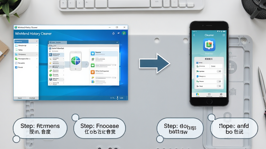 一幅分步操作指引图,左侧为电脑端“WinMend History Cleaner”界面,右侧为手机端清理应用界面,中间用箭头连接,下方配有简洁的步骤文字气泡,背景为浅灰色工作台,风格简洁明了,画质干净,无多余元素