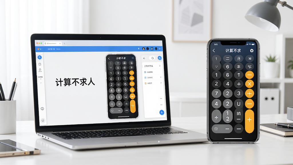 一张展示“计算不求人”软件在手机和电脑上同步使用的场景图,左侧是笔记本电脑屏幕,右侧是手机屏幕,均显示着计算界面,背景为干净的现代办公桌,风格简洁明亮,画质清晰