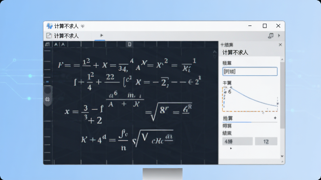 展示“计算不求人”软件进行复杂公式计算时的界面,屏幕上显示着包含三角函数和根号的数学公式,软件界面布局清晰,输入框和结果区域分明,背景为柔和的蓝色渐变,风格专业且富有科技感,画质干净清晰