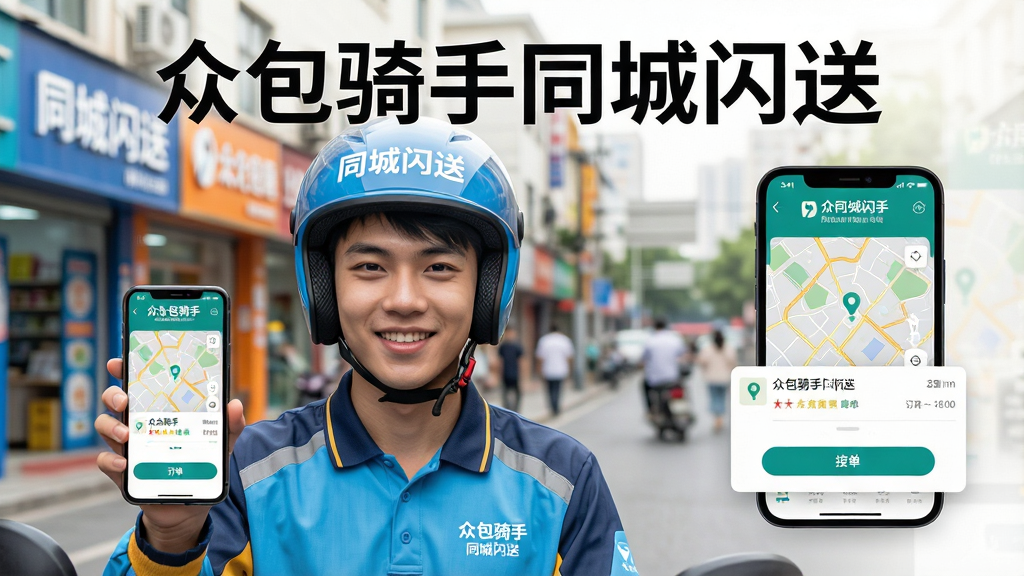 主体:一位穿着配送制服、面带微笑的年轻骑手,手持智能手机,手机屏幕显示“众包骑手同城闪送”接单界面,背景是模糊的城市街道和商铺。布局:骑手位于画面中央偏左,右侧留白放置应用界面截图风格元素。排版:应用名称“众包骑手同城闪送”以醒目标题置于画面顶部,下方悬浮订单卡片。风格:写实摄影风格,明亮通透的日间光线,色彩鲜艳。细节:骑手头盔上印有“同城闪送”字样,手机界面清晰显示订单地图和接单按钮,画质高清,干净无多余元素。