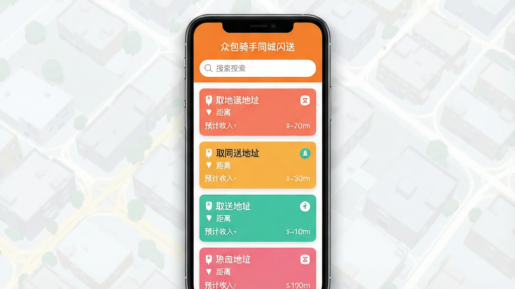 主体:智能手机界面展示众包骑手同城闪送应用的订单列表页面,顶部搜索栏,下方多条彩色订单卡片。布局:手机居中,屏幕内容清晰可辨,周边有轻微阴影突出立体感。排版:应用名称“众包骑手同城闪送”位于手机屏幕上方,订单卡片排列有序。风格:扁平化UI设计风格,现代简洁。细节:订单卡片显示取送地址、距离、预计收入,界面配色以橙色和白色为主,画质干净,无多余元素。