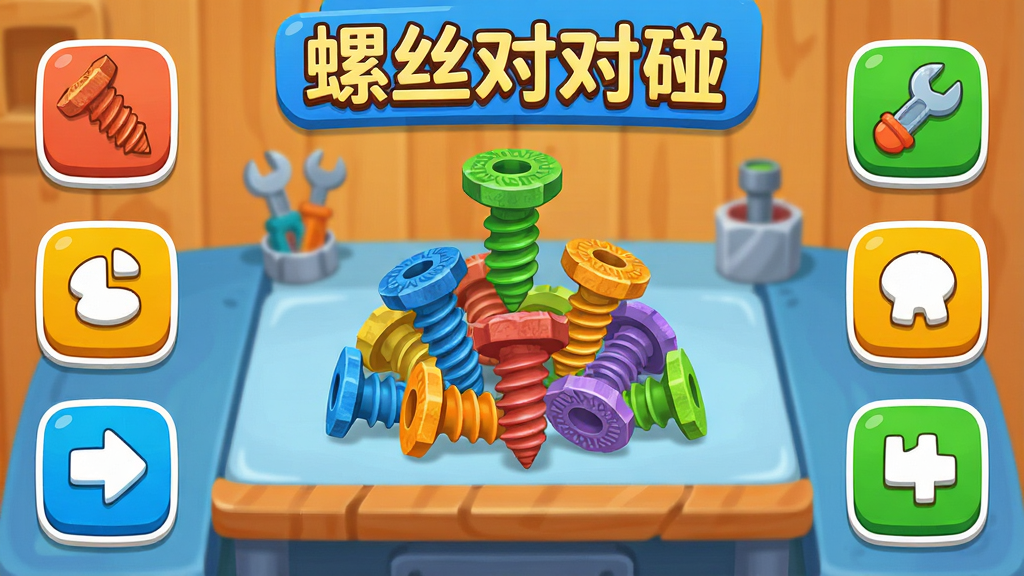 主体:《螺丝对对碰》游戏主界面,展示彩色螺丝与工具台,布局:中心为螺丝堆叠区域,四周为操作按钮,排版:UI图标整齐排列,风格:卡通扁平化设计,细节:螺丝头纹理清晰,标注“螺丝对对碰”游戏标题,画质:高清渲染,干净,无多余元素
