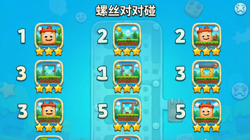 主体:游戏关卡选择界面,布局:关卡地图纵向排列,排版:数字编号清晰,风格:明亮活泼风格,细节:每个关卡图标有星星评级,标注“螺丝对对碰”关卡选择,画质:高清晰度,干净,无多余元素