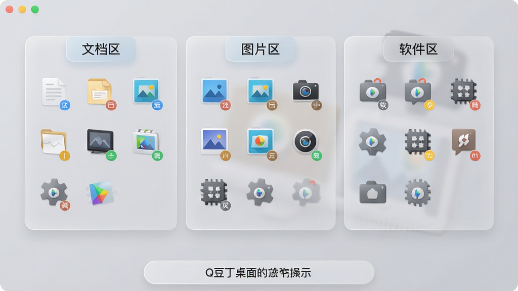 主体:“豆丁桌面”软件图标分区功能演示图,桌面被划分为“文档区”、“图片区”、“软件区”三个半透明区域。布局:三个分区横向排列,每个区域内放置对应类型的图标,上方有标签。排版:分区标签清晰,图标排列整齐,底部有操作提示栏。风格:简洁清爽,半透明毛玻璃效果。细节:每个图标右下角有类型小标记,背景为淡灰色壁纸。画质:高清,干净无多余元素。