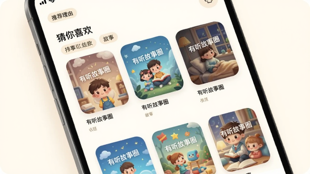 图片主体为“有听故事圈”APP的个性化推荐页面,屏幕上展示“猜你喜欢”板块,下面排列着数本故事封面,封面图上标有“有听故事圈”水印,背景为暖白色,布局采用列表式,排版干净,风格简约现代,细节包括推荐理由标签、封面圆角设计,画质清晰柔和,无多余元素。
