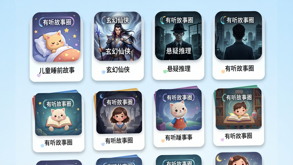 图片主体为“有听故事圈”APP内的故事分类界面,屏幕上以网格布局展示各类故事封面,如“儿童睡前故事”、“玄幻仙侠”、“悬疑推理”等分类卡片,卡片上带有“有听故事圈”字样,背景为淡蓝色渐变,布局整齐清晰,排版突出分类图标与名称,风格清新简洁,细节包括卡片阴影、分类图标精致,画质干净高清,无多余元素。