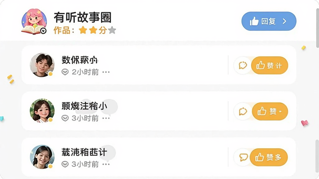 图片主体为“有听故事圈”的评论区界面,屏幕上展示多条用户评论与点赞按钮,顶部有作品标题与评分,背景为白色,布局为卡片式,排版清晰,风格活泼,细节包括用户头像、时间戳、回复按钮,画质高清干净,无多余元素。