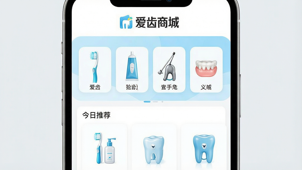 һ��չʾ�����̳��ֻ�App����ĸ���ͼƬ���������԰�ɫ�͵���ɫΪ������������ʾ�������̳ǡ�Ʒ��Logo���м�Ϊ��ǻ������Ʒ����ͼ������ˢ�����ࡢ����������ݵȣ��·��ǽ����Ƽ���Ʒ��Ƭ�����岼�ּ���ִ���ɫ����������������ϸ��ɾ����޶���Ԫ��