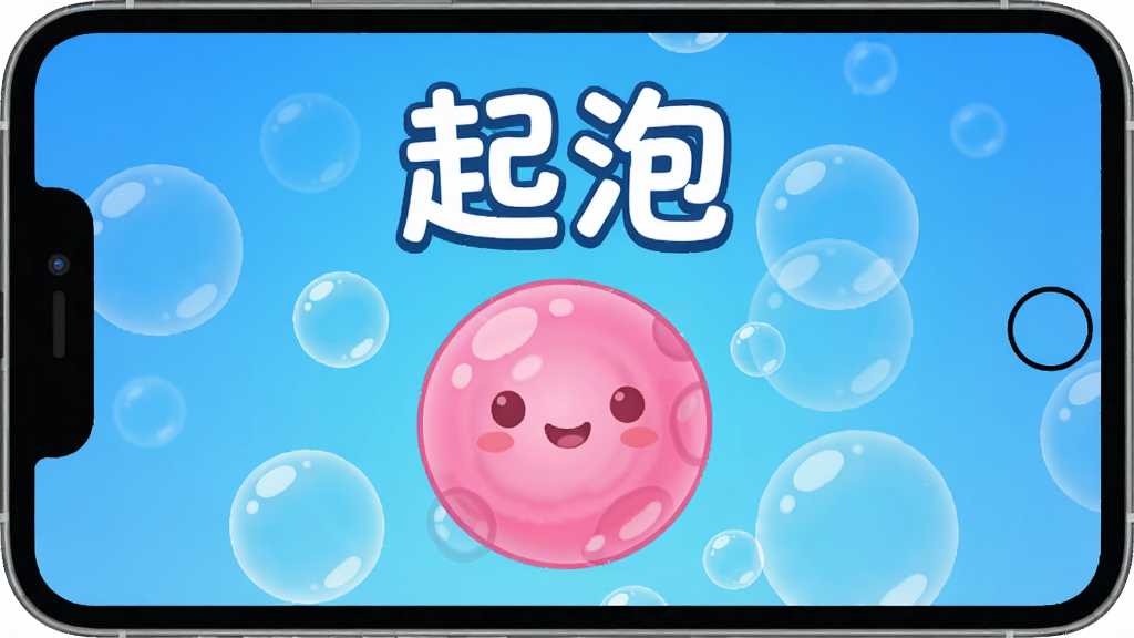 起泡应用主界面展示,卡通风格,色彩明快,屏幕中央显示一个粉色起泡胶球体,周围漂浮着大小不一的透明气泡,背景为渐变蓝色,布局简洁,突出软件名称“起泡”,画质高清,干净,无多余元素