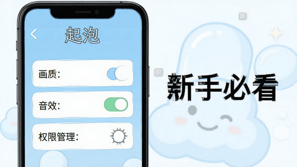 起泡软件使用指南界面,手机竖屏显示设置菜单,包含画质选项、音效开关、权限管理,旁边有文字标注“新手必看”,背景为浅蓝色,风格简洁,突出软件名称“起泡”,画质干净,无多余元素