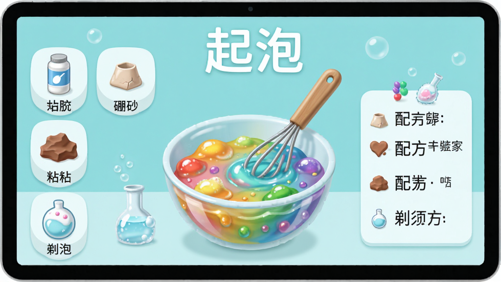 起泡软件创意配方实验室界面,屏幕显示多种材料图标(白胶、硼砂、粘土、剃须泡),中间一个搅拌碗,碗中是彩色起泡胶,旁边有配方步骤说明文字,风格清新,布局合理,突出软件名称“起泡”,画质干净,无多余元素