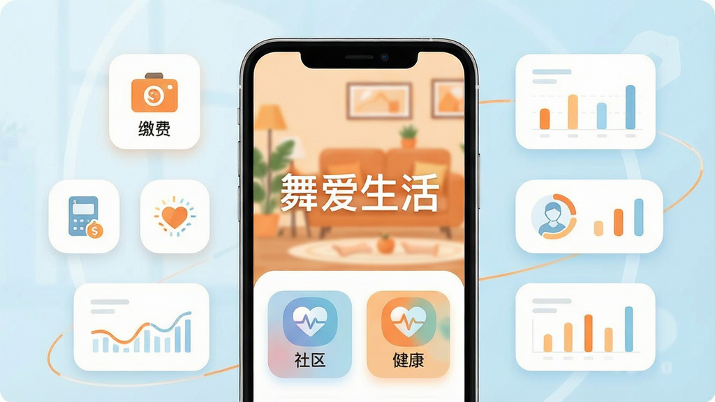 主体:一款名为“舞爱生活”的智能手机应用界面展示,屏幕中清晰显示“舞爱生活”四个字,背景为温馨的居家生活场景,包含缴费、社区、健康等彩色图标。布局:手机位于画面中央,周围环绕简洁的图标与数据图形,整体排版疏朗有序。风格:扁平化设计,色调以暖橙与淡蓝为主,明亮干净,细节:界面圆角卡片设计,图标线条流畅,画质高清,干净无多余元素。