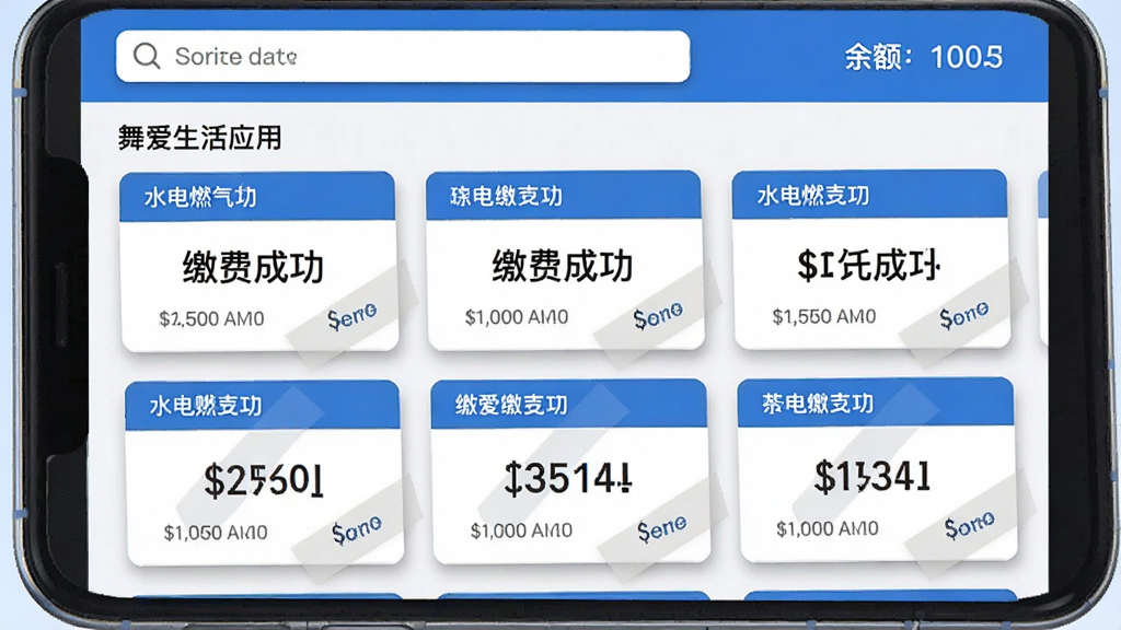 主体:舞爱生活应用的生活缴费功能界面,显示水电燃气等账单卡片,卡片上写有“缴费成功”字样。布局:多张账单卡片整齐排列,顶部为搜索栏与余额显示,整体布局清晰。风格:简约商务风,蓝色与白色为主色调,细节:卡片带有阴影效果,金额数字醒目,画质干净,无多余元素。