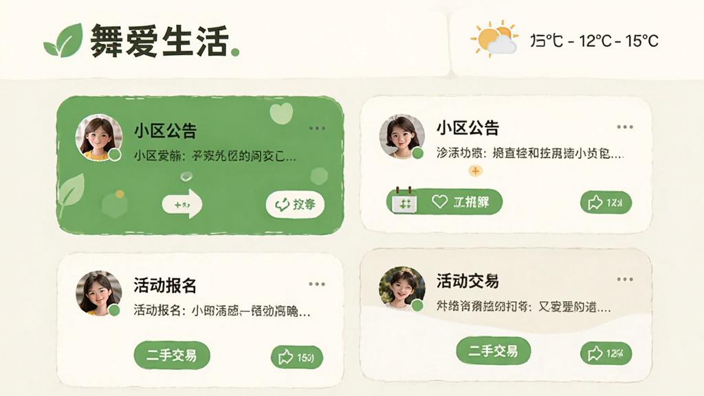 主体:舞爱生活应用中的社区互动界面,展示小区公告、活动报名、二手交易等模块。布局:顶部为小区名称与天气信息,下方为瀑布流式信息卡片,排版活泼。风格:清新自然风,绿色与米色搭配,细节:用户头像与互动按钮清晰可见,画质细腻,干净无多余元素。